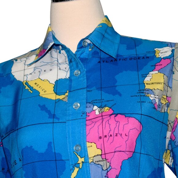 Vintage 70s Button Front Shirt Blouse World Map Print Long Sleeves Pockets M - Picture 3 of 7